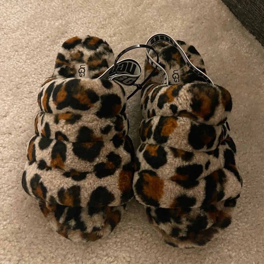 UGG Leopard-Print Plush Slide Sandals in Black, Brown, Cream